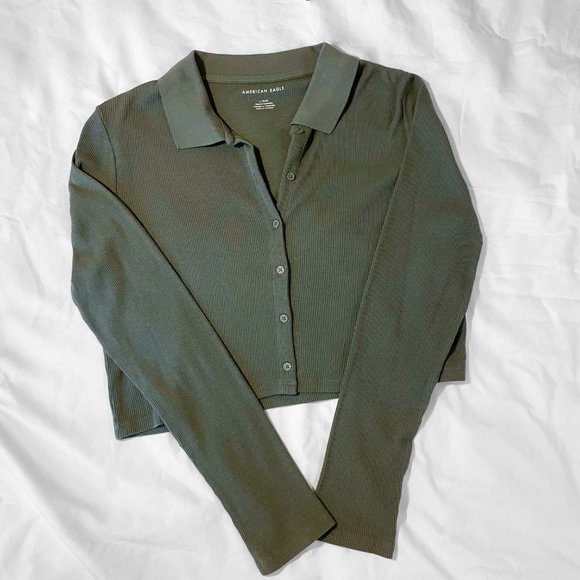 American Eagle Cropped Collar Long Sleeve Shirt - Picture 1 of 3